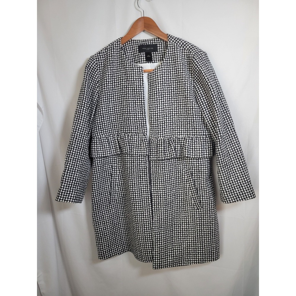 Ann Taylor Women's L Black White Houndstooth Ruffle Coat Jacket
